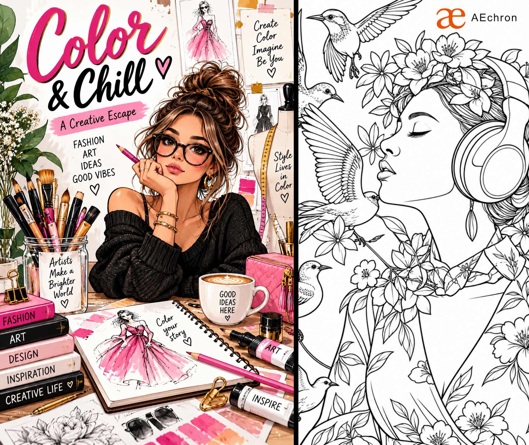 Preview of fashion coloring pages with floral line art and birds
